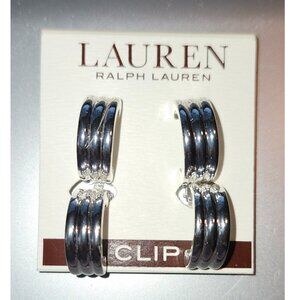 NEW Vintage Ralph Lauren Silver Small Ribbed Hoop Clip-on Earrings Set of 2